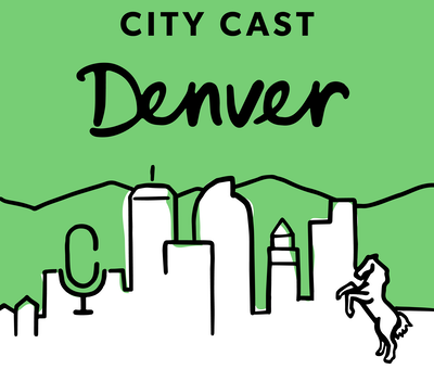 Logo for City Cast Denver. White skyline outline with green background.