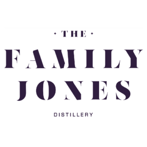 blue and white font with the words The Family Jones Distillery